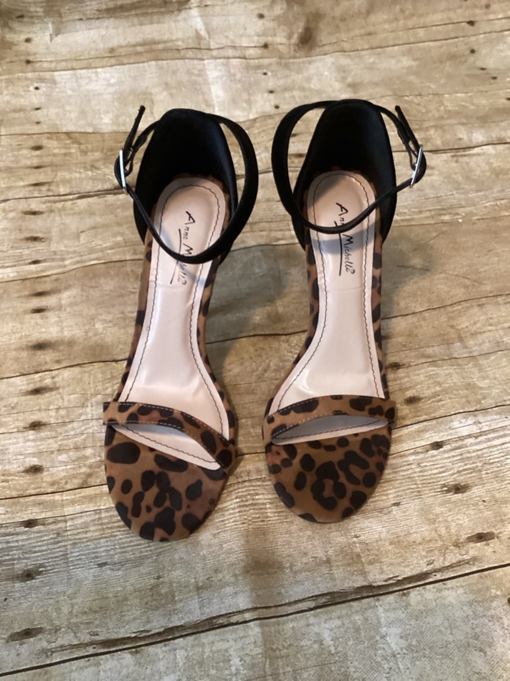 Anne Michelle Leopard-Print Ankle-Strap Heels in Brown & Black